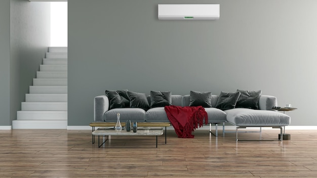 Großes, modernes, helles Luxus-Interieur Wohnzimmer mit Klimaanlage Mockup Illustration 3D-Rendering