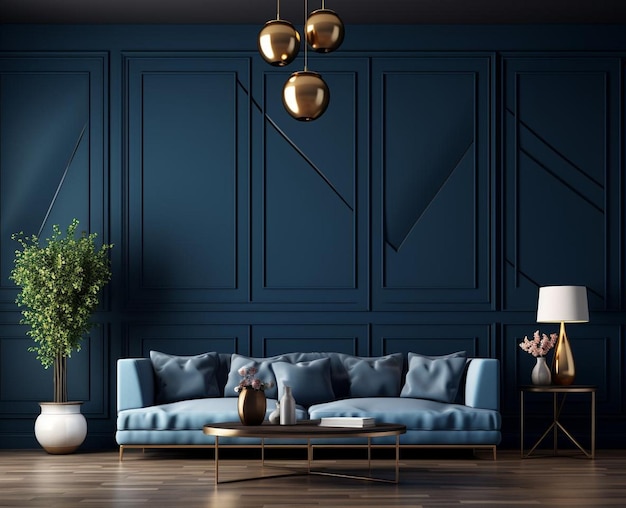 großes modernes Wohnzimmer mit Holzboden, dunkelblaue Wand für den Kopierraum im Art-Deco-Stil