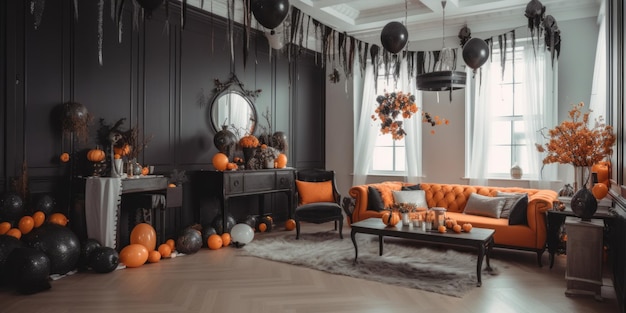 Großes, modernes Wohnzimmer mit kreativen Halloween-Dekorationen in den Farben Weiß, Schwarz, Orange