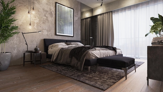 Großes modernes Zimmer mit Betonwand, Parkettboden, Bett, Nachttisch, Pflanze und Kommode