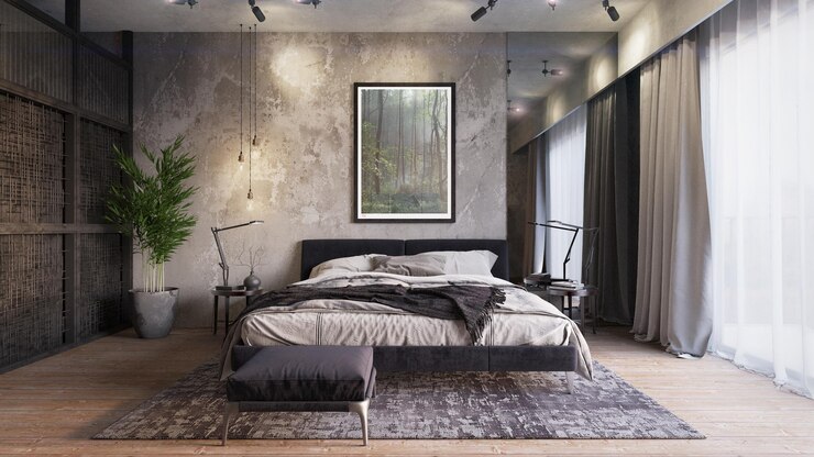 Foto großes modernes zimmer mit einem betonwandparket, einem bett, betttischen, einem gemälde und einer pflanze