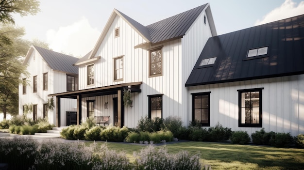 Großes modernes zweistöckiges Landhaus im europäisch-skandinavischen Stil mit weißen Seitenwänden und schwarzen