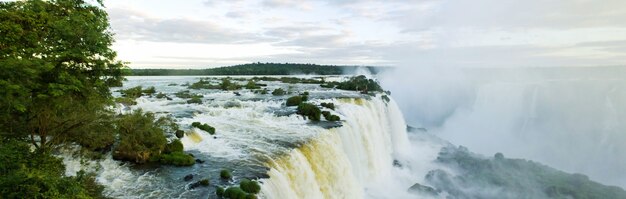 Großes naturpanorama der wasserfallkaskade von iguacu (iguazu) an der grenze zwischen brasilien und argentinien. erstaunliche aussicht auf die wasserfälle cataratas bei sonnigem wetter. konzept der reise. copyright-bereich für website