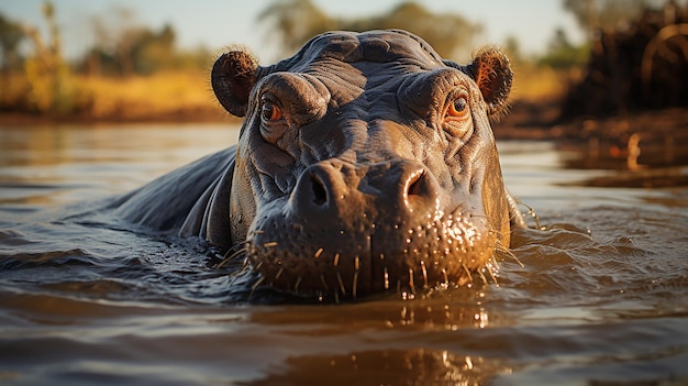 Großes Nilpferd suhlt sich im Wasser