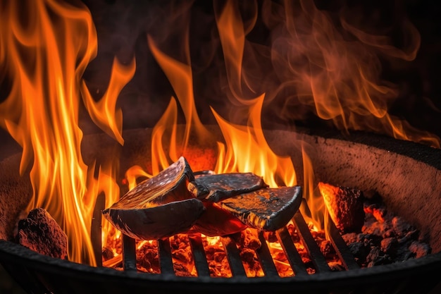 Großes offenes Feuer in brennenden Kohlen zum Grillen von Speisen auf dem Hinterhofgrill