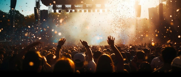 Großes Open-Air-Musik-Konzertfestival mit jubelnden Zuschauern Szene mit Scheinwerfern bunte Konfette