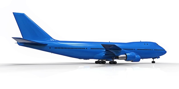Großes Passagierflugzeug mit großer Kapazität für lange Transatlantikflüge Blaues Flugzeug auf weißem, isoliertem Hintergrund 3D-Darstellung