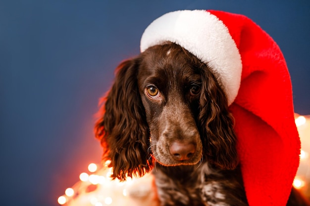 Großes Porträt eines russischen Spaniels in einem roten Weihnachtsmann-Hut, der mit Weihnachtsspielzeug, Goldbällen spielt und auf das Bett springt.