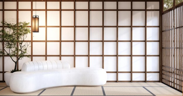 Großes Raumdesign im modernen Wohnzimmer mit schwarzer, niedriger Tischlampenvase und Dekor im japanischen Stil, 3D-Rendering