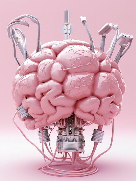 Großes rosa menschliches Gehirn mit vielen Audio-Jack-Kabeln, die in diesem Barin 3D-Rendering-AI-Generator angeschlossen sind