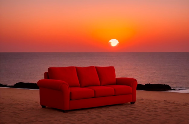 Großes rotes Sofa am Ufer des Ozeans bei Sonnenuntergang Bequeme Couch am Sandstrand Generative KI