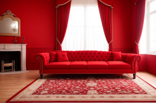 Großes rotes Sofa im roten Raum Helles Interieur in der Wohnung Generative KI