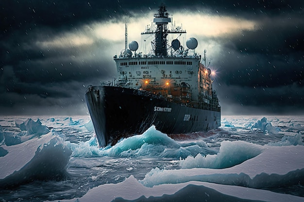 Großes Schiff mit Eisbrecher fährt auf dunklem Wasser des arktischen Meeres