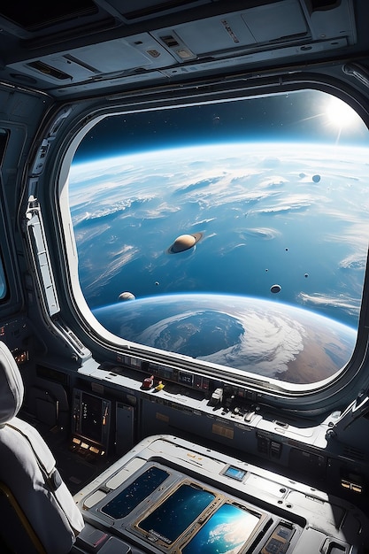 Großes Shuttle-Fenster auf einem Raumschiff mit Blick auf andere Planeten