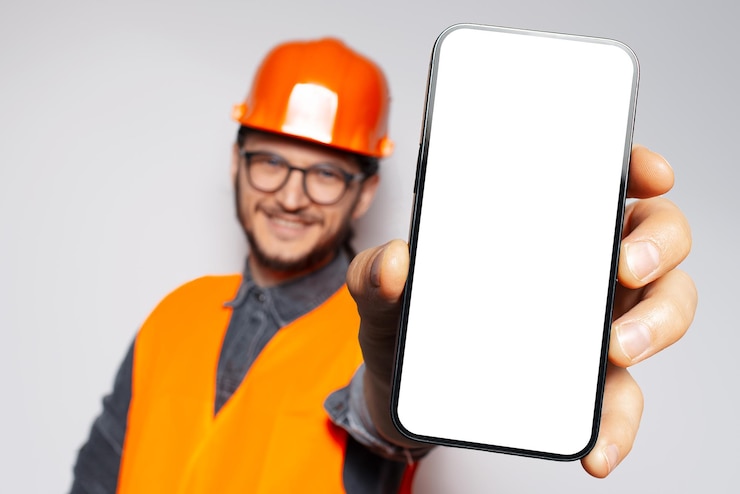 Großes Smartphone mit leerem Bildschirm in der Hand auf Bauarbeiter lächelnder Mann Detailansicht Mock-up-Konzept Weißer Hintergrund