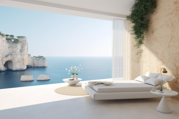 Großes Sofa auf Holzboden in der Nähe von Glasfenster und Swimmingpool mit Terrasse im Penthouse-Apartment Lounge im Wohnzimmer mit Meerblick eines modernen Luxus-Strandhauses oder Hotels Inneneinrichtung 3D-Darstellung