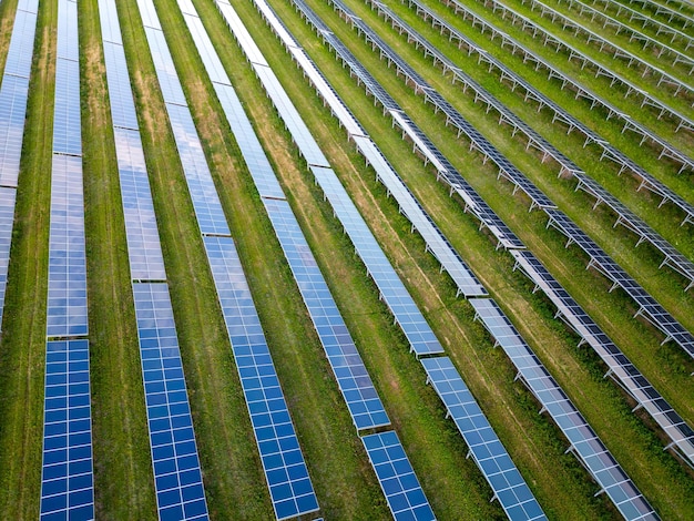 Großes Solarkraftwerk auf einer grünen Wiese aus der Luft