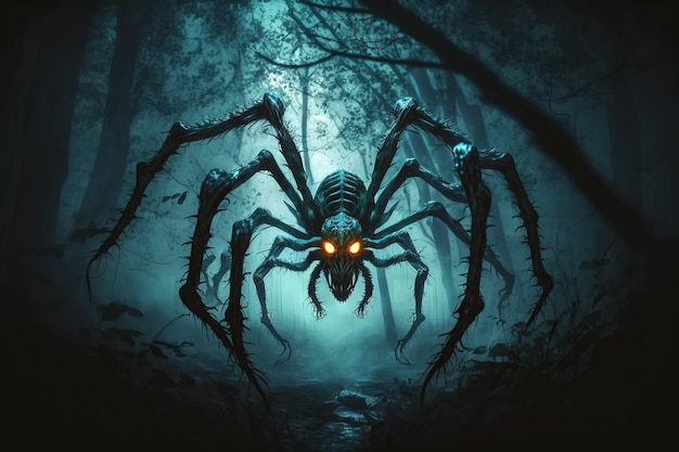 Großes Spinnenmonster im nebligen Wald bei Nacht Arachnophobie und Alptraum Generative KI-Illustration