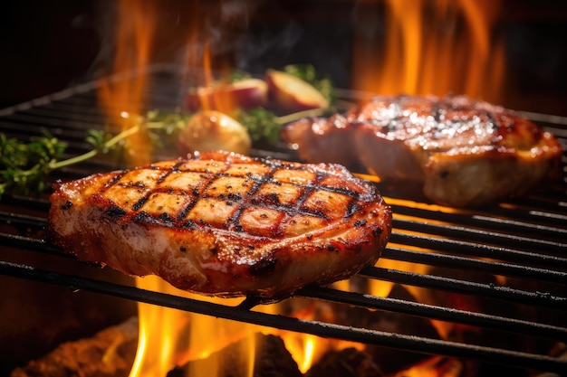 Großes Steak auf dem Grill, Fleischgrill, Nahaufnahme, BBQ mit Flammengrill, Filet, Friedensgrillen, Beefsteak, generative KI-Illustration