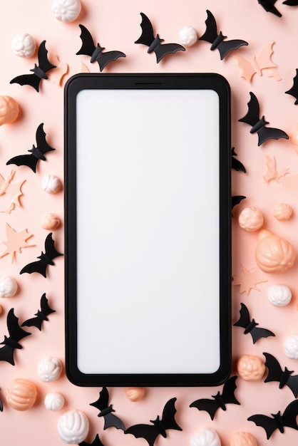 Foto großes telefonmodell mit leerem bildschirm auf fröhlichem halloween-kürbis-hintergrund