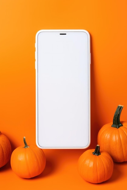 Großes Telefonmodell mit leerem Bildschirm auf fröhlichem Halloween-Kürbis-Hintergrund