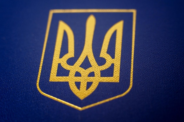 Großes Wappen der Ukraine, Nahaufnahme auf blauem Hintergrund, selektiver Fokus