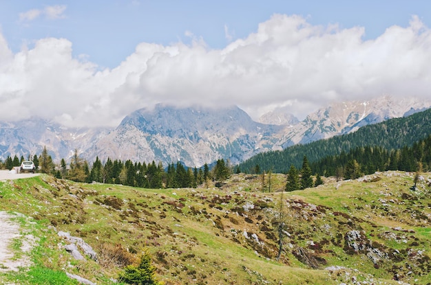 Großes Weideplateau in den Alpen, Slowenien. Berghüttenhütte, Haus auf grünem Hügel. Alpine Landschaft