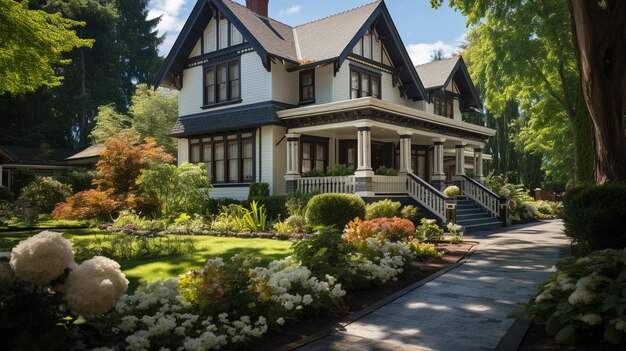 Großes weißes Haus mit wunderschönem Garten im Hintergrund