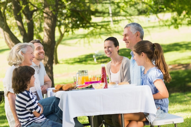 Großfamilie am Tisch im Freien speisen