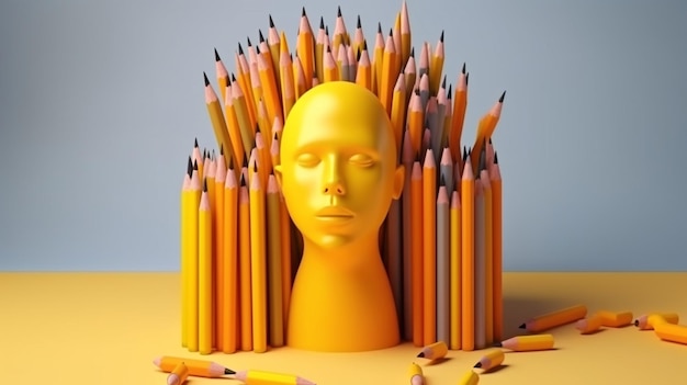 Großköpfige Person mit Bleistift und Ideenarbeiten werden von Kreativunternehmen The Generative AI erstellt