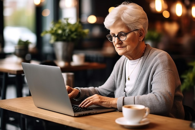 Großmutter arbeitet am Laptop im Café am Tisch