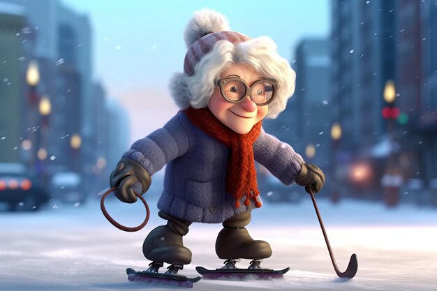 Großmutter, Eislaufen, Karikatur, Abbildung, Winter, Entertainment