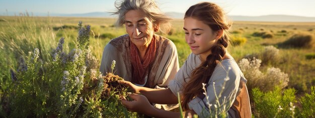 Großmutter und Enkelin sammeln medizinische Kräuter und BlumenGenerative KI