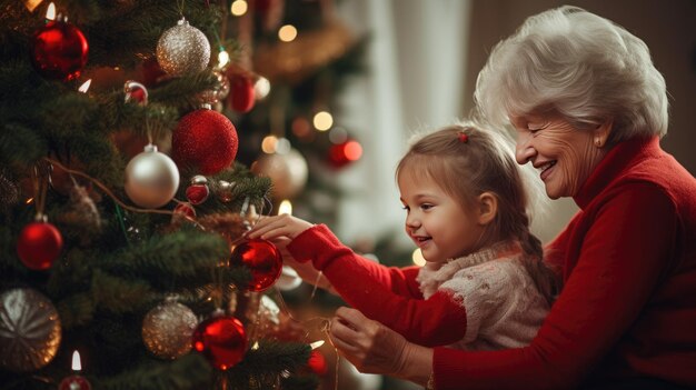 Großmutter und Enkelin schmücken gemeinsam den Weihnachtsbaum zu Hause