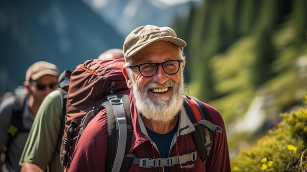 Foto großvater reist mit einer gruppe von leuten und schaut mit einem lächeln in die kamera.