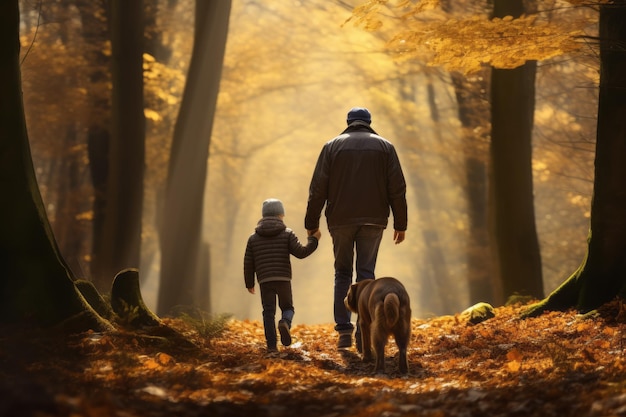 Großvater und Enkel gehen Hand in Hand und werden von ihrem Hund begleitet.