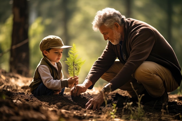 Großvater und Enkel pflanzen Bäume in dem mit Technologie geschaffenen Wald