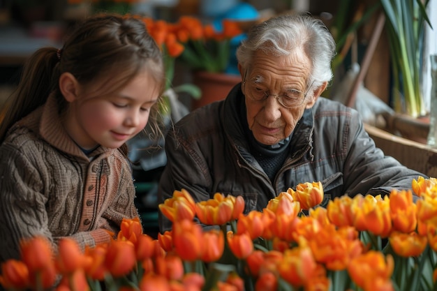 Großvater und Enkelin bewundern zusammen Tulpen