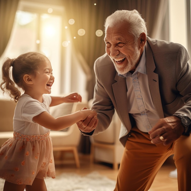 Großvater und Enkelin halten sich an den Händen und lachen
