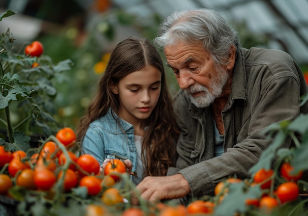 Großvater und Enkelin untersuchen die Tomatenernte im Gewächshaus