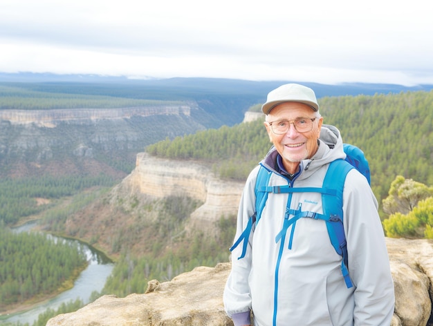 Großvater wandert durch die Berge Tourist