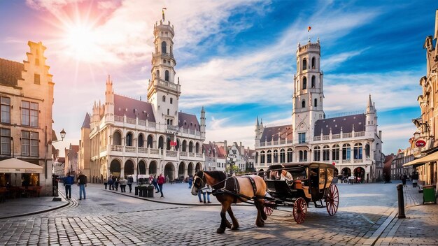 Grote markt sob um céu azul e luz do sol em bruges, na bélgica