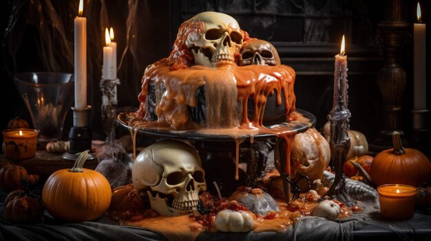 grotesco halloween sundae terror culinário com caveiras abóboras velas Ai Generated