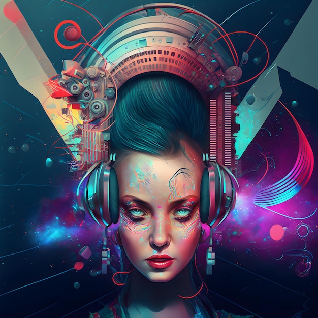 Groteskes Disco-Diva-Kopfporträt mit bizarrer Frisur, Kopfhörern, neuronalem Netzwerk, generierte Kunst