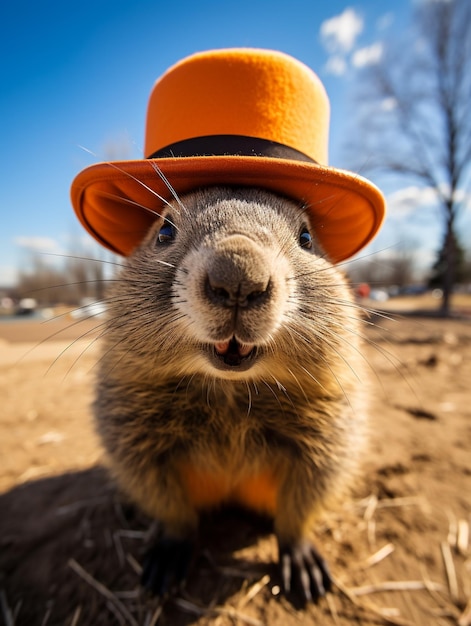 Groundhog Day 2. Februar Punxsutawney Phil Hut glücklich und lächelnd Folklore Aberglaube Wettervorhersage Symbol der Erwartung für den Wechsel der Jahreszeiten Banner Grußkarte Kopierraum