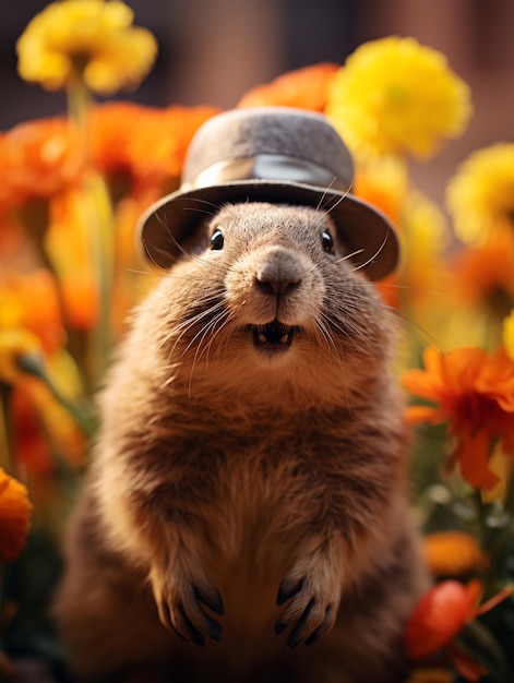 Groundhog Day 2. Februar Punxsutawney Phil Hut glücklich und lächelnd Folklore Aberglaube Wettervorhersage Symbol der Erwartung für den Wechsel der Jahreszeiten Banner Grußkarte Kopierraum