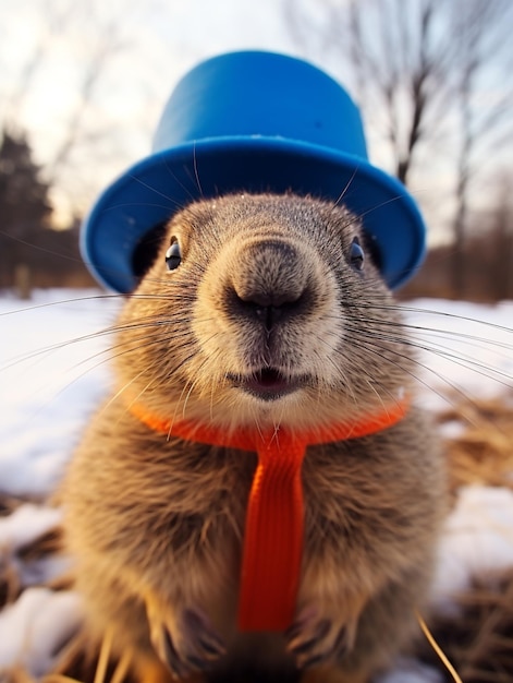 Groundhog Day 2. Februar Punxsutawney Phil Hut glücklich und lächelnd Folklore Aberglaube Wettervorhersage Symbol der Erwartung für den Wechsel der Jahreszeiten Banner Grußkarte Kopierraum