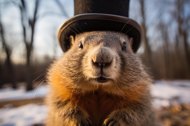 Groundhog Day-Feier mit Punxsutawney Phil, der auftaucht, um das Wetter vorherzusagen. Eine jährliche Tradition im Februar, die einen frühen Frühling oder einen langen Winter erwartet.