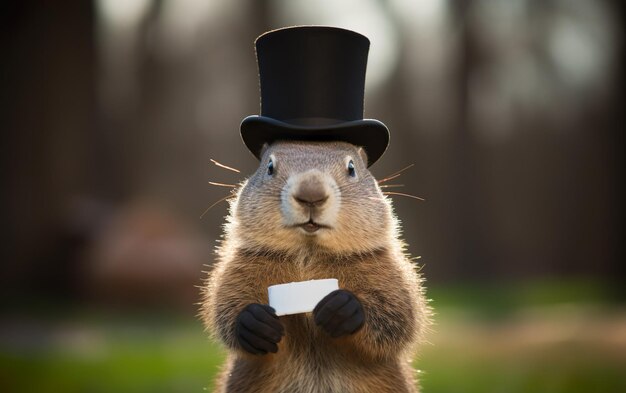 Foto groundhog day groundhog hält eine mock-up-karte auf dem boden