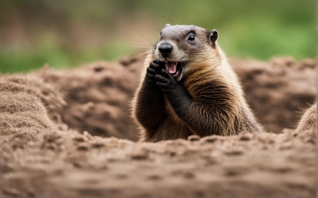 Groundhog Day kommt aus einem Loch im Groundhog und lächelt Raum für Text Generative KI